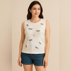 Carole Little Embroidered Dragonfly Knit Tank Top M | Cottagecore Coastal Vintag